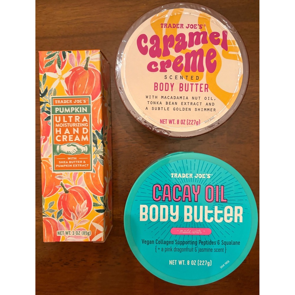 NEW Trader Joes Body Butter Set Caramel Creme Cacay Oil Pumpkin Hand Cream 3pc